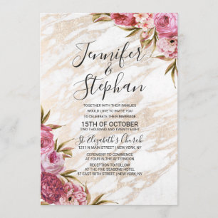 Chic Pink Floral Gold Marble Wedding Kaart