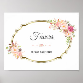 Chic Pink Floral Gold Wedding Favor Sign Poster