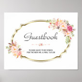 Chic Pink Floral Gold Wedding Guestbook Poster (Voorkant)