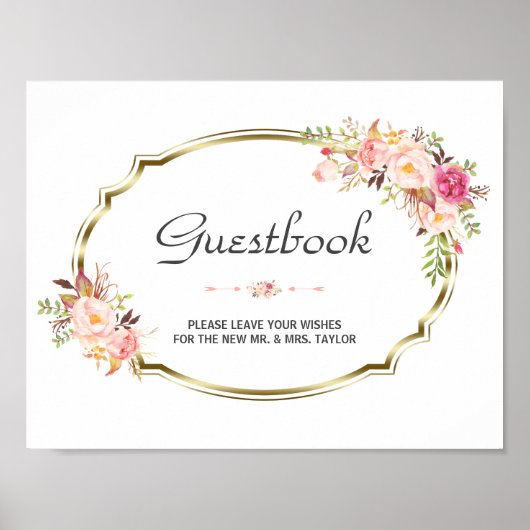 Chic Pink Floral Gold Wedding Guestbook Poster (Voorkant)