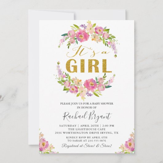 Chic Pink Floral Het is een meisje Baby shower Kaart (Voorkant)