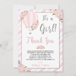 Chic Pink Floral Hot Air Ballon Baby shower Bedankkaart