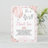 Chic Pink Floral Hot Air Ballon Baby shower Bedankkaart (Staand voorkant)