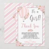 Chic Pink Floral Hot Air Ballon Baby shower Bedankkaart (Voorkant / Achterkant)
