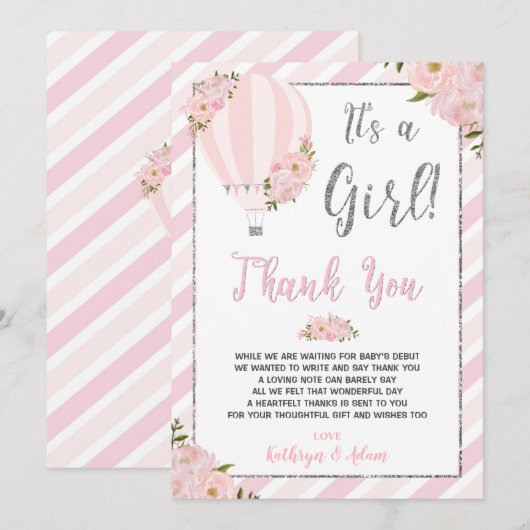 Chic Pink Floral Hot Air Ballon Baby shower Bedankkaart (Voorkant / Achterkant)