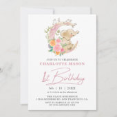 Chic Pink Floral Moon Girl Elephant 1e verjaardag Kaart (Voorkant)
