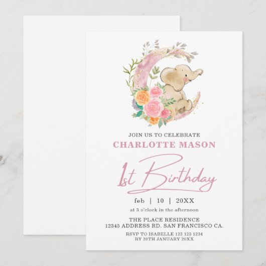 Chic Pink Floral Moon Girl Elephant 1e verjaardag Kaart (Voorkant / Achterkant)