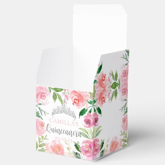 Chic Pink Floral Quinceañera Silver Tiara Party Bedankdoosjes (Geopend)
