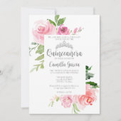 Chic Pink Floral Quinceañera Silver Tiara Party Kaart (Voorkant)