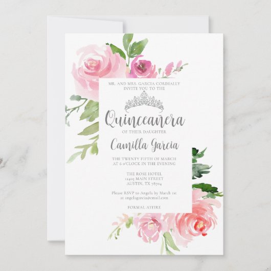 Chic Pink Floral Quinceañera Silver Tiara Party Kaart (Voorkant)