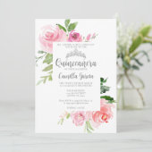 Chic Pink Floral Quinceañera Silver Tiara Party Kaart (Staand voorkant)