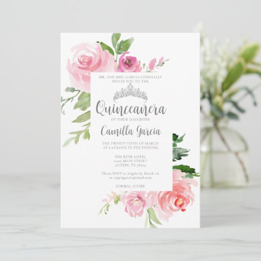 Chic Pink Floral Quinceañera Silver Tiara Party Kaart (Staand voorkant)