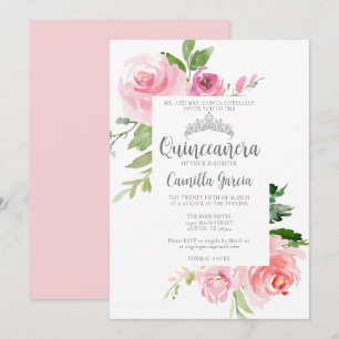 Chic Pink Floral Quinceañera Silver Tiara Party Kaart
