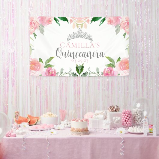 Chic Pink Floral Quinceañera Silver Tiara Party Spandoek (Feest)
