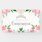 Chic Pink Floral Quinceañera Silver Tiara Party Spandoek (Horizontaal)