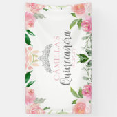 Chic Pink Floral Quinceañera Silver Tiara Party Spandoek (Verticaal)