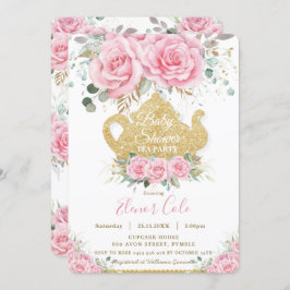 Chic Pink Floral Rozen Baby shower High Tea Party Kaart
