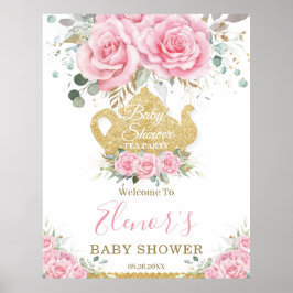 Chic Pink Floral Rozen Baby shower High Tea Party Poster