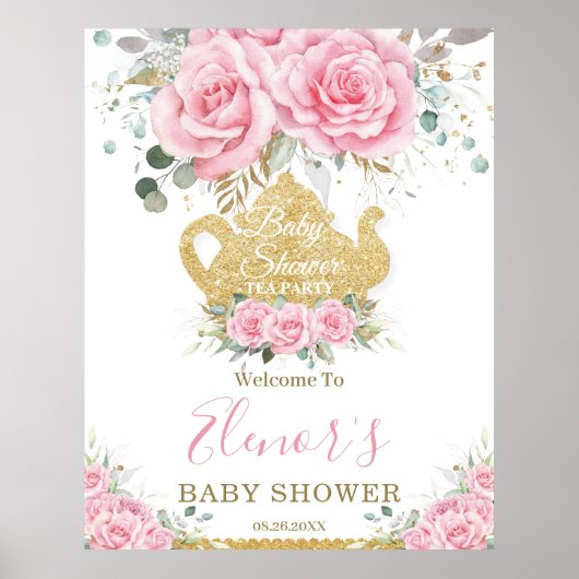 Chic Pink Floral Rozen Baby shower High Tea Party Poster (Voorkant)