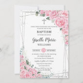 Chic Pink Floral Rozen Silver Baptisme Christening Kaart (Voorkant)