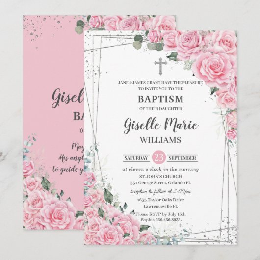 Chic Pink Floral Rozen Silver Baptisme Christening Kaart (Voorkant / Achterkant)