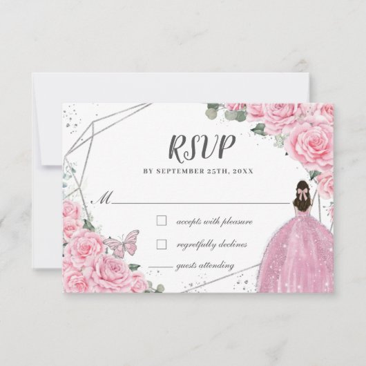 Chic Pink Floral Rozen Silver Quinceañera Princess RSVP Kaartje (Voorkant)