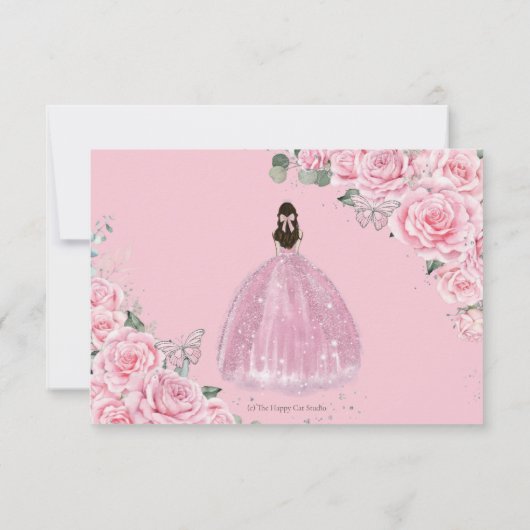 Chic Pink Floral Rozen Silver Quinceañera Princess RSVP Kaartje (Achterkant)