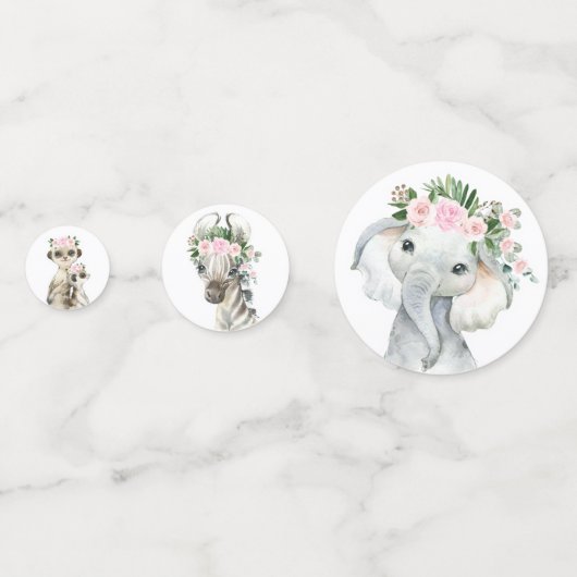 Chic Pink Floral Safari Animals Wild One Baby Girl Confetti (Voorkanten)