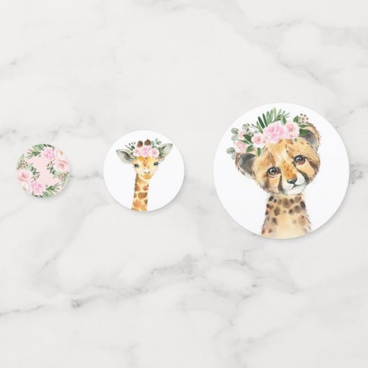 Chic Pink Floral Safari Animals Wild One Baby Girl Confetti (Achterkanten)