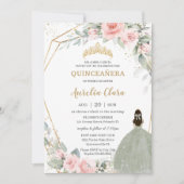 Chic Pink Floral Sage Green Princess Quinceañera Kaart (Voorkant)