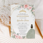 Chic Pink Floral Sage Green Princess Quinceañera Kaart<br><div class="desc">Deze chic Quinceañera-uitnodiging is voorzien van een gouden glitter geometrisch lijst geadorbeerd door een delicate waterverf, een roze bloem en een zacht grijze foliage, en een meisje in een mooie, groene jurk. Pas het met uw details gemakkelijk en snel aan, druk eenvoudig de pas het knoop aan om de stijl...</div>