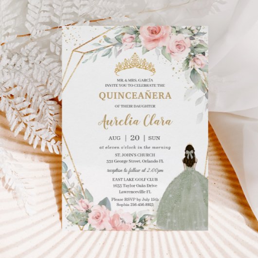 Chic Pink Floral Sage Green Princess Quinceañera Kaart