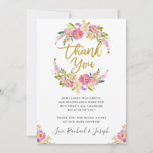 Chic Pink Floral Script Baby shower Hartelijk dank Kaart (Voorkant)