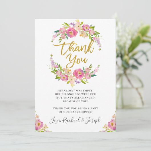 Chic Pink Floral Script Baby shower Hartelijk dank Kaart (Staand voorkant)