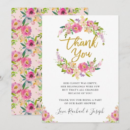 Chic Pink Floral Script Baby shower Hartelijk dank Kaart (Voorkant / Achterkant)