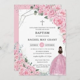 Chic Pink Floral Silver Girl Baptism Christening Kaart
