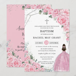 Chic Pink Floral Silver Girl Baptism Christening Kaart