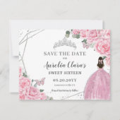 Chic Pink Floral Silver Quinceanera Sweet Sixteen Save The Date (Voorkant)