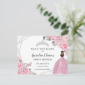 Chic Pink Floral Silver Quinceanera Sweet Sixteen Save The Date (Staand voorkant)