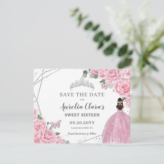 Chic Pink Floral Silver Quinceanera Sweet Sixteen Save The Date (Staand voorkant)