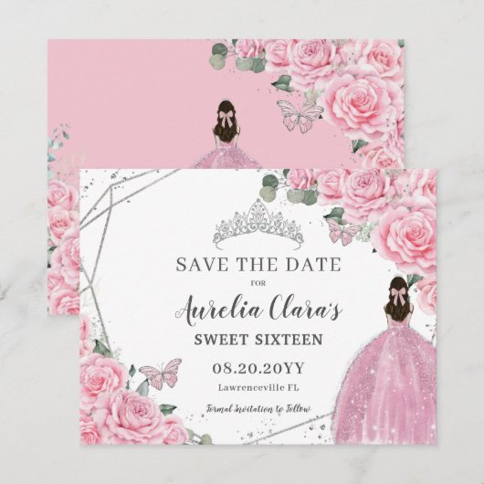 Chic Pink Floral Silver Quinceanera Sweet Sixteen Save The Date (Voorkant / Achterkant)