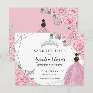 Chic Pink Floral Silver Quinceanera Sweet Sixteen Save The Date