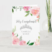 Chic Pink Floral Silver Tiara Feliz Cumpleaños Kaart (Voorkant)