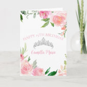 Chic Pink Floral Silver Tiara Quinceañera Birthday Kaart (Voorkant)