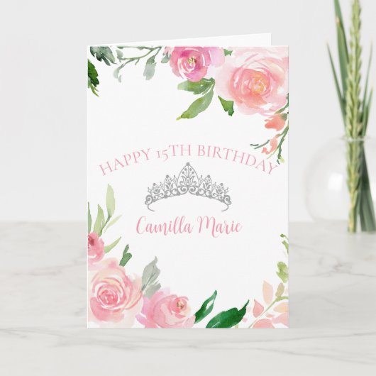 Chic Pink Floral Silver Tiara Quinceañera Birthday Kaart (Voorkant)
