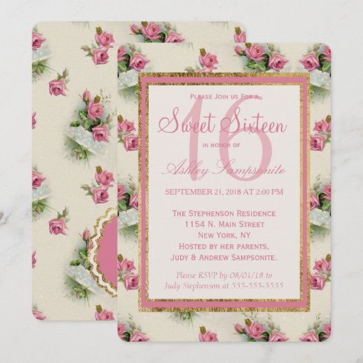  Chic Pink Floral Sweet 16 Uitnodigingen (Voorkant / Achterkant)
