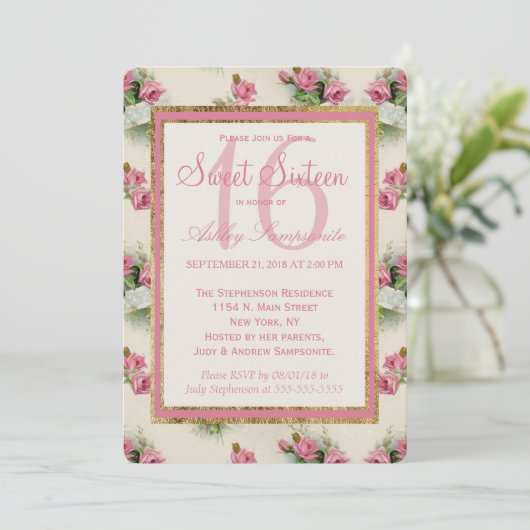  Chic Pink Floral Sweet 16 Uitnodigingen (Staand voorkant)