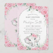Chic Pink Floral Sweet Elephant Baby shower Kaart (Voorkant / Achterkant)