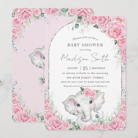Chic Pink Floral Sweet Elephant Baby shower Kaart (Voorkant / Achterkant)