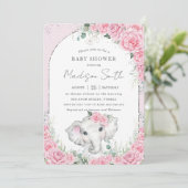 Chic Pink Floral Sweet Elephant Baby shower Kaart (Staand voorkant)